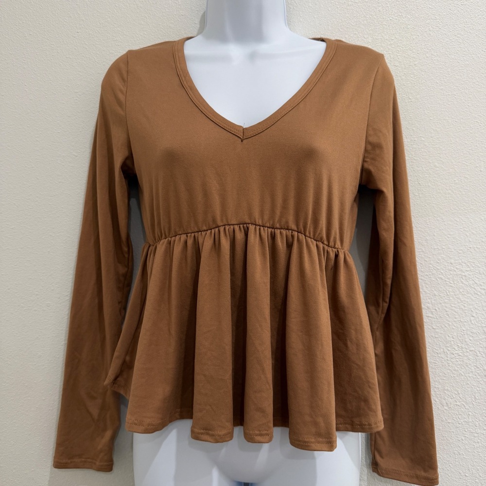 NEW Brit & Bri Womens Peplum Top Cognac‎ Brown Long Sleeve V-Neck Empire Waist M